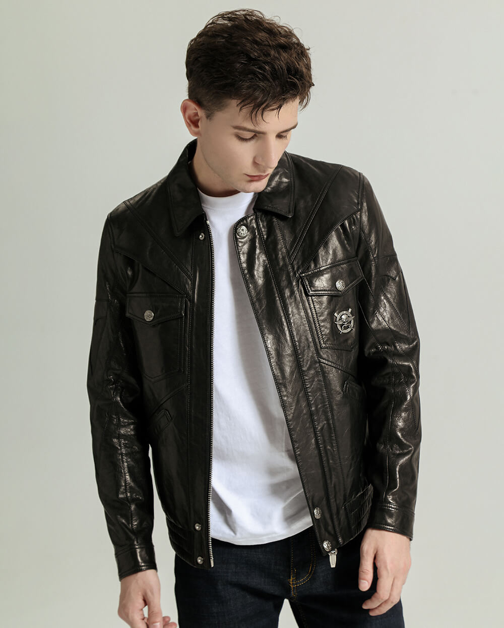 Black Vegetable Tanned Goatskin Leather Bomber Jacket