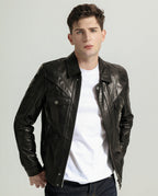Black Vegetable Tanned Goatskin Leather Bomber Jacket