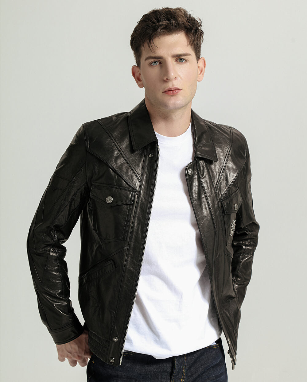 Black Vegetable Tanned Goatskin Leather Bomber Jacket