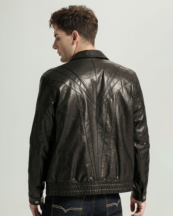 Black Vegetable Tanned Goatskin Leather Bomber Jacket