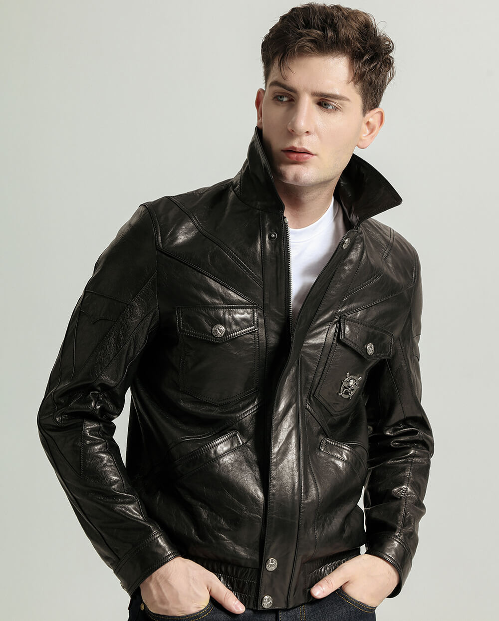 Black Vegetable Tanned Goatskin Leather Bomber Jacket