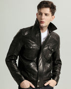 Black Vegetable Tanned Goatskin Leather Bomber Jacket