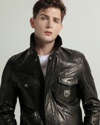 Black Vegetable Tanned Goatskin Leather Bomber Jacket