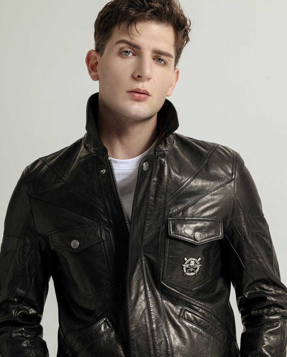 Black Vegetable Tanned Goatskin Leather Bomber Jacket