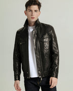 Black Vegetable Tanned Goatskin Leather Bomber Jacket
