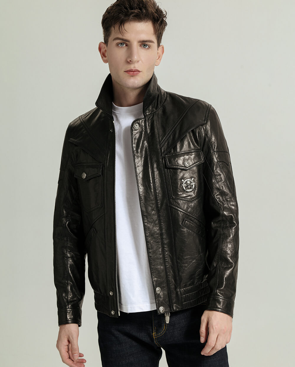 Black Vegetable Tanned Goatskin Leather Bomber Jacket