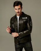 Black Rhinestone Printed Leather Trucker Jacket