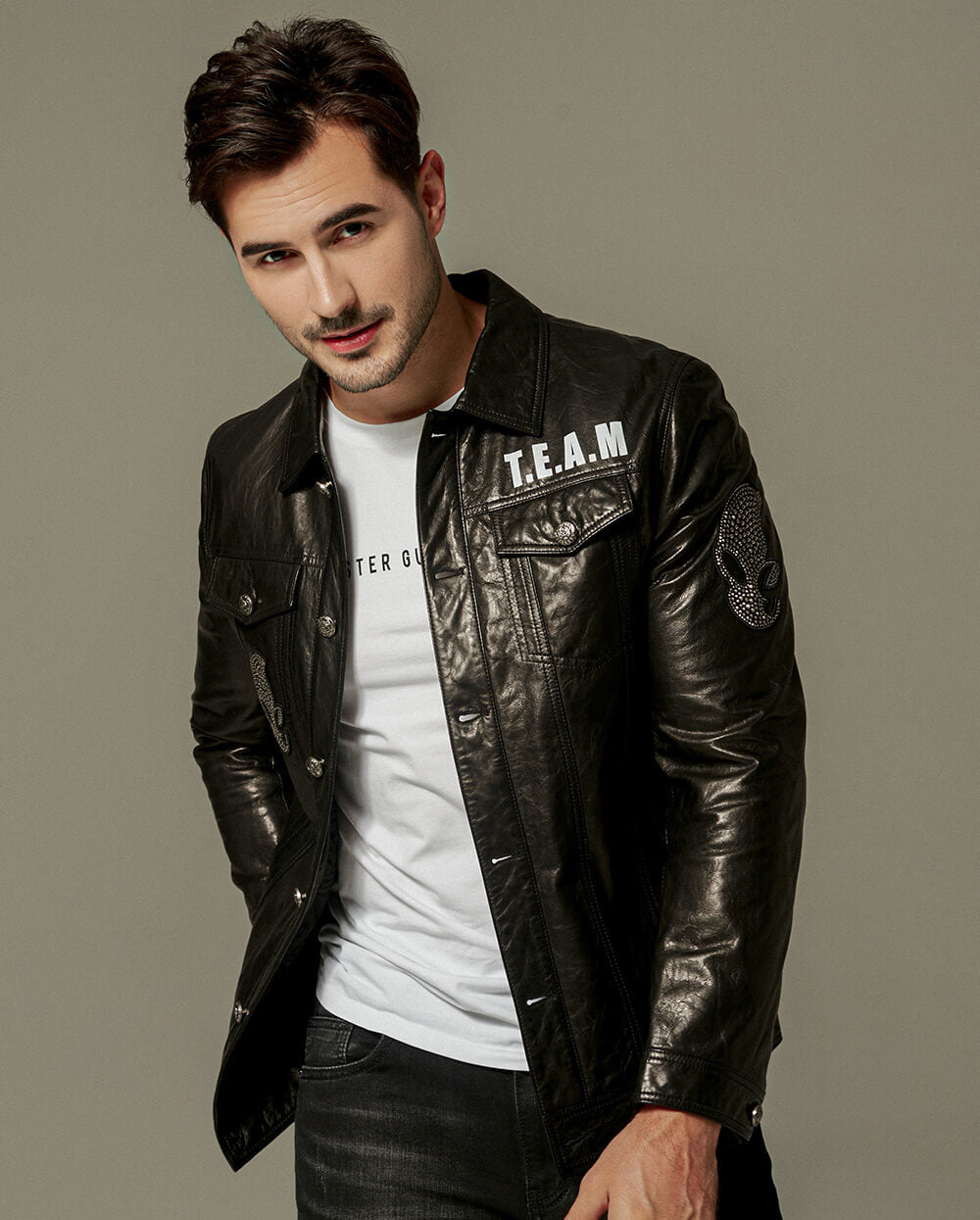 Black Rhinestone Printed Leather Trucker Jacket