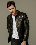 Black Rhinestone Printed Leather Trucker Jacket