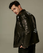 Black Rhinestone Printed Leather Trucker Jacket