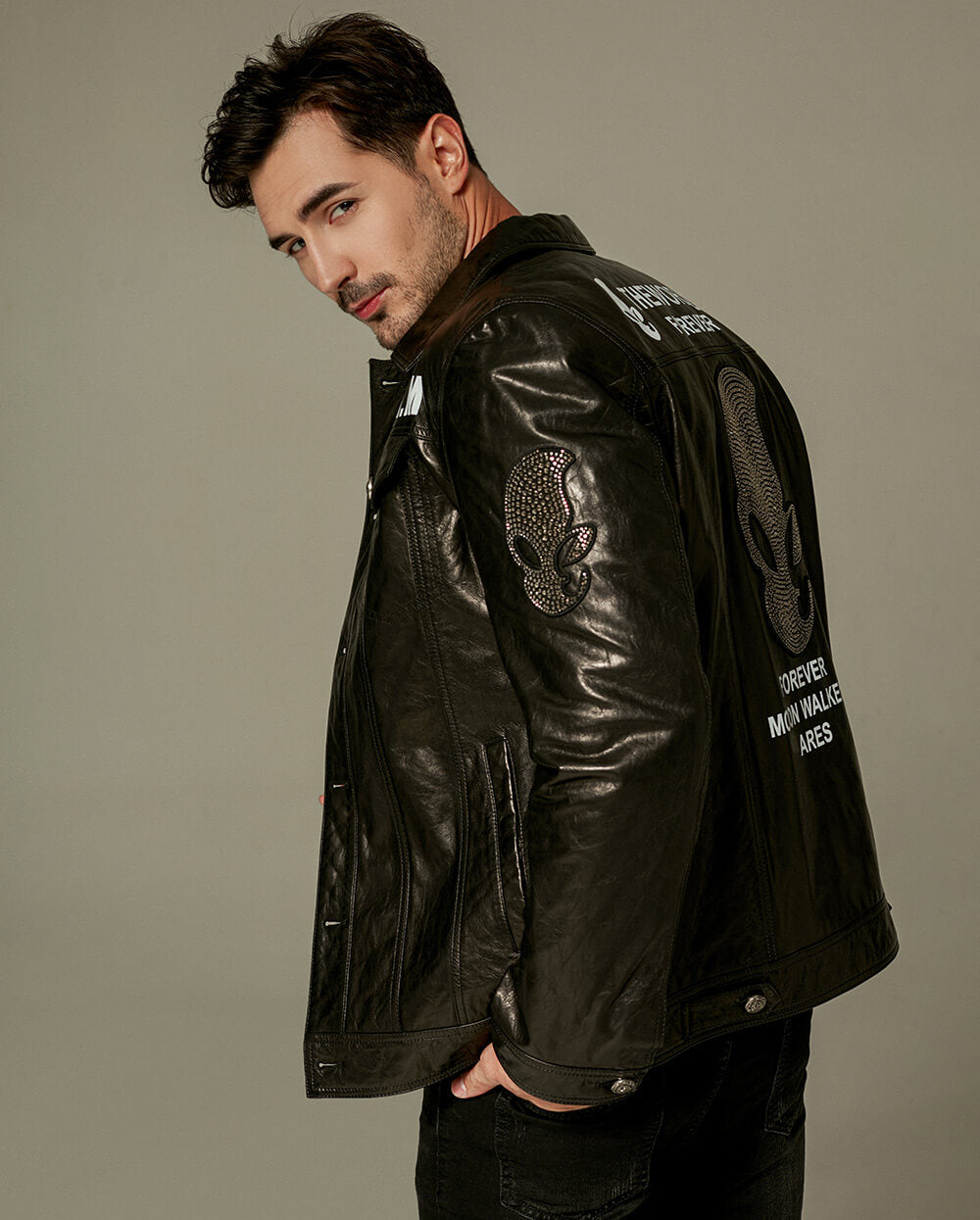 Black Rhinestone Printed Leather Trucker Jacket
