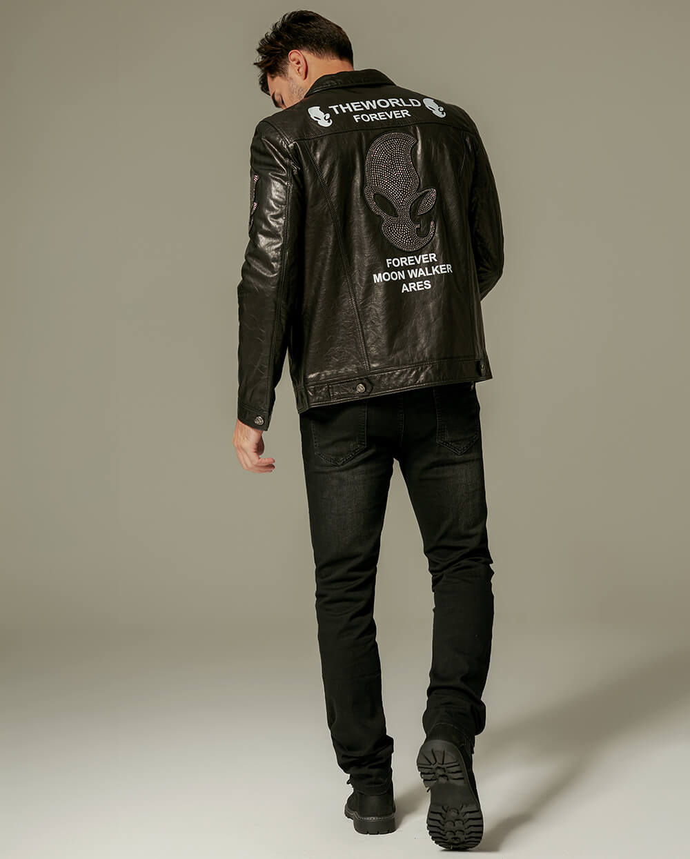 Black Rhinestone Printed Leather Trucker Jacket