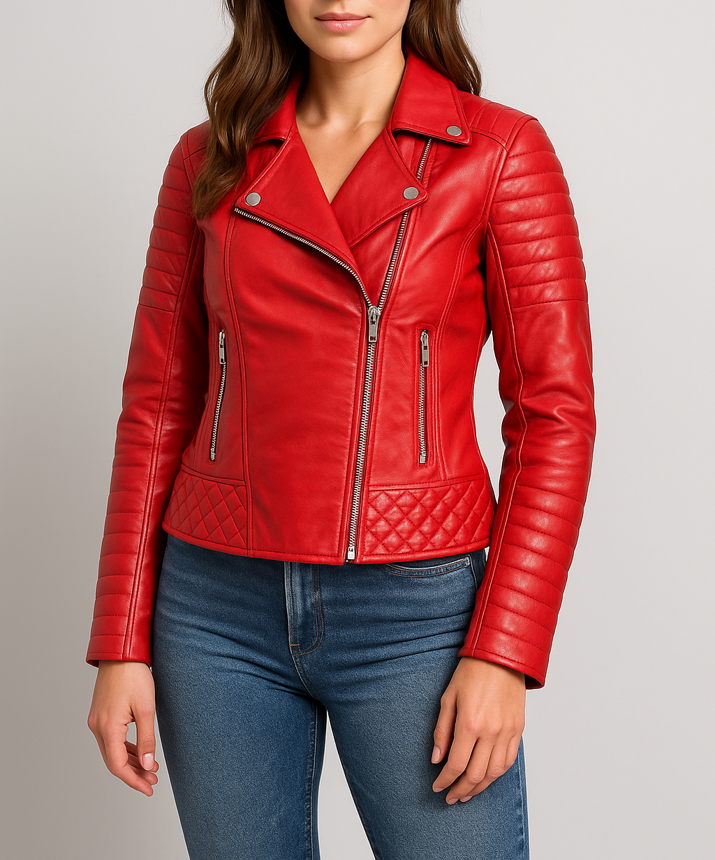 Women Quilted Red Biker Leather Jacket
