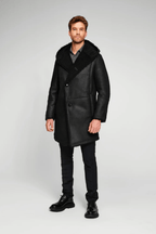 Men's Black Hooded Shearling Leather Coat - Warm & Stylish
