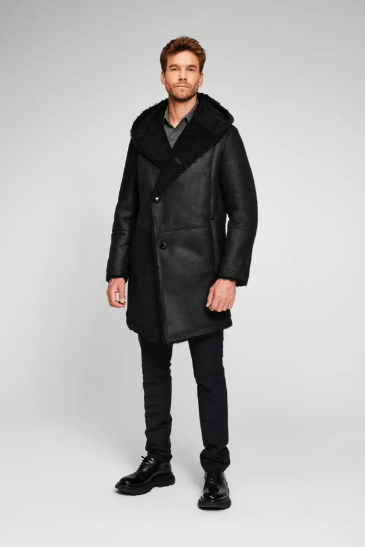 Men's Black Hooded Shearling Leather Coat - Warm & Stylish