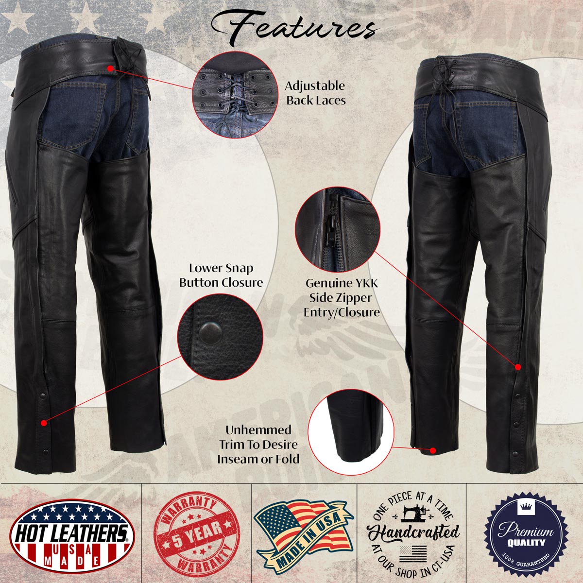 Hot Leathers CHM5001 USA Made Men's 'Cloak' Classic Black Premium Leather Motorcycle Chaps