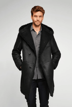 Men's Black Hooded Shearling Leather Coat - Warm & Stylish
