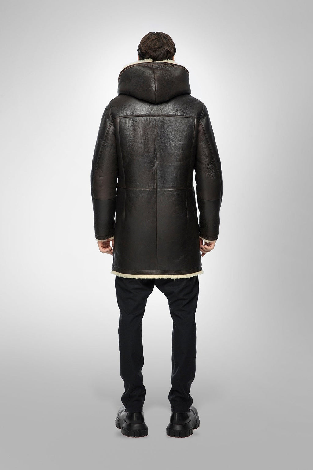 Men's Black Hooded Sheepskin Shearling Leather Coat - Luxurious & Warm