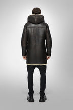 Men's Black Hooded Sheepskin Shearling Leather Coat - Luxurious & Warm