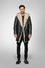 Men's Black Shearling Fur Leather Coat with Hood - Luxurious & Warm