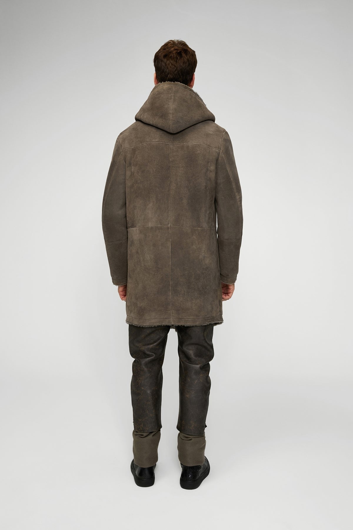 Men's Gray Sheepskin Leather Coat with Hood - Stylish & Warm