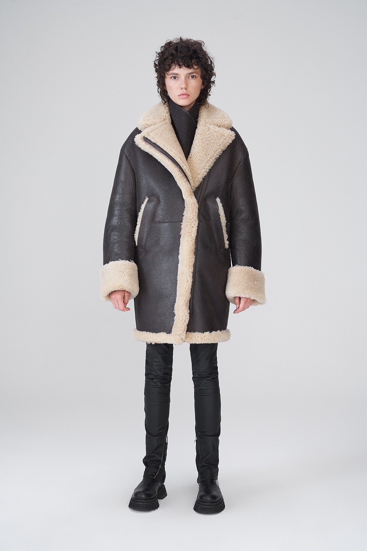 Women's Black B7 Shearling Leather Coat