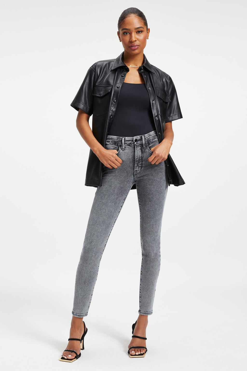 Women's Black Half Sleeve Trucker Leather Shirt with Classic Fit