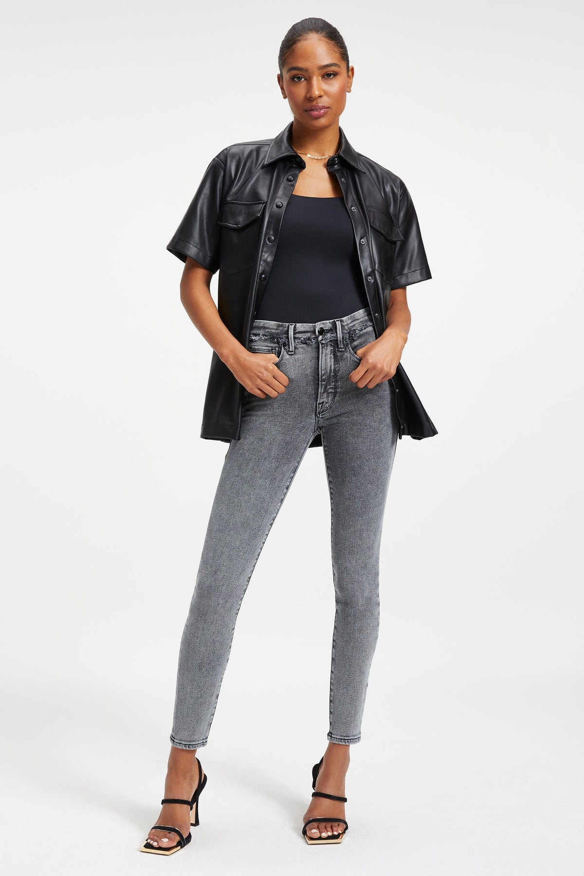 Women's Black Half Sleeve Trucker Leather Shirt with Classic Fit