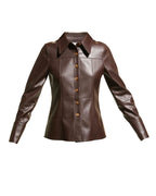 Women's Classic Coffee Brown Leather Shirt with Elegant Design