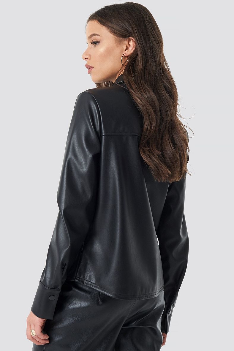 Women's Black Full Sleeve Trucker Leather Shirt with Classic Fit