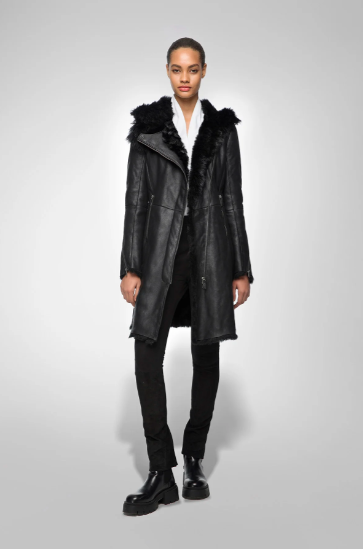 Women's Black Fur Shearling Parka Leather Coat