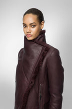 Women's Coffee Brown Shearling Fur Leather Coat