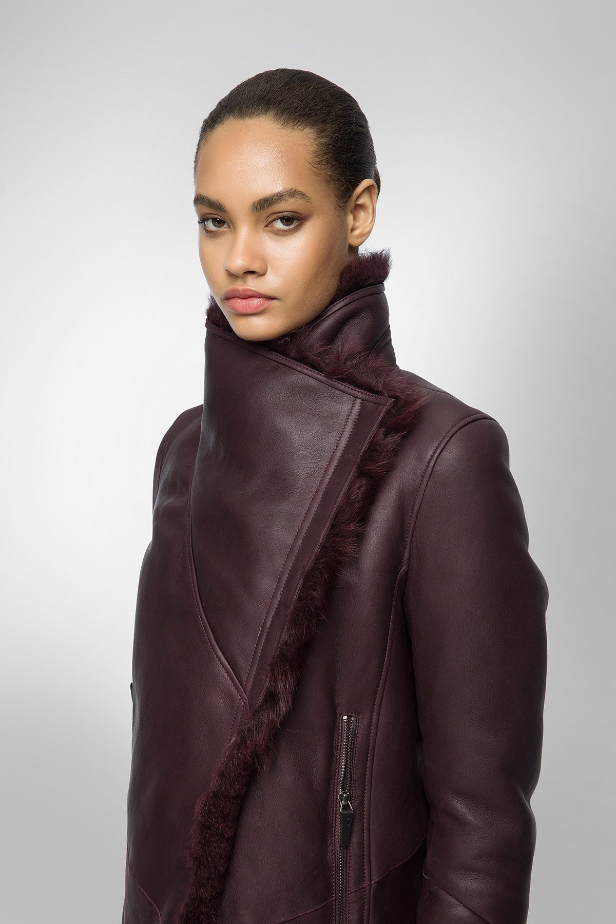 Women's Coffee Brown Shearling Fur Leather Coat