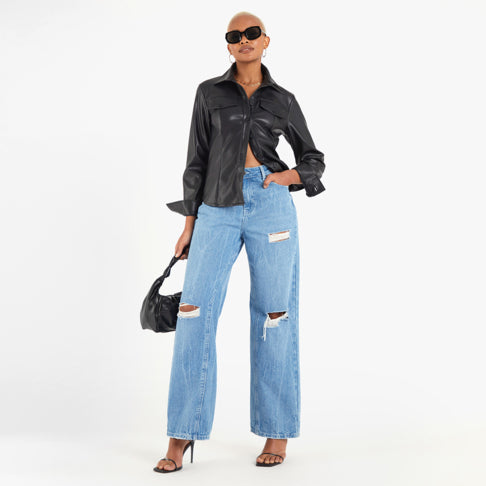 Women's Short Black Leather Shirt