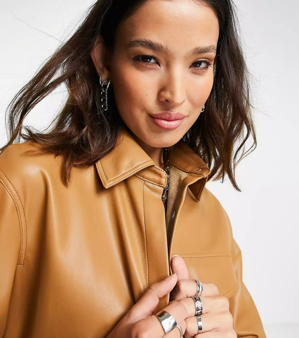 Women's Brown Trucker Leather Shirt with Classic Fit