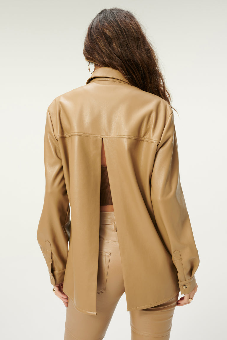 Women's Tan Brown Trucker Leather Shirt with Classic Fit