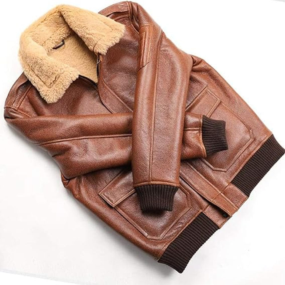 Men's Cognac Shearling Ribbed Aviator Leather Bomber Jacket