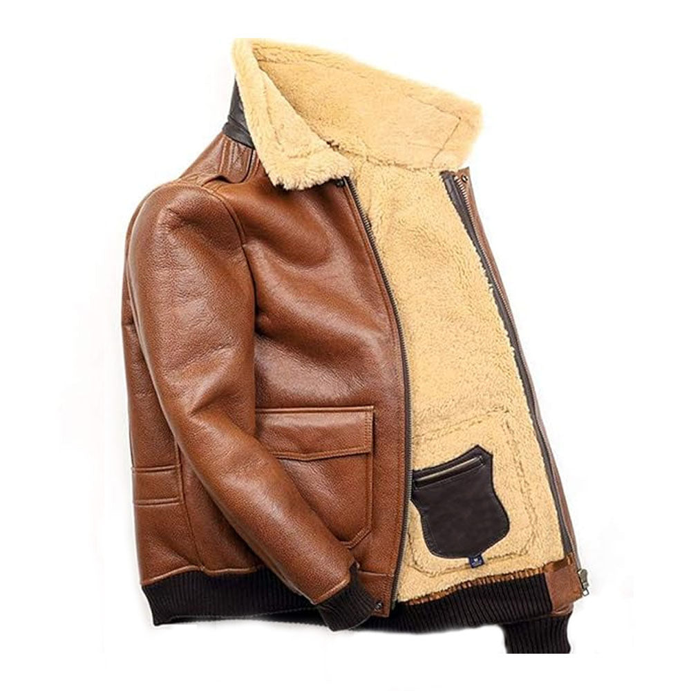 Men's Cognac Shearling Ribbed Aviator Leather Bomber Jacket