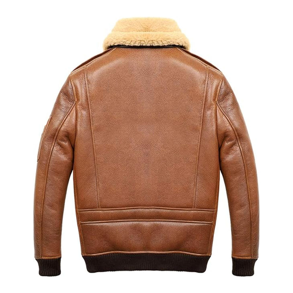 Men's Cognac Shearling Ribbed Aviator Leather Bomber Jacket
