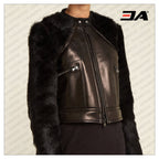 Contrast-Sleeve Leather & Shearling Biker Jacket