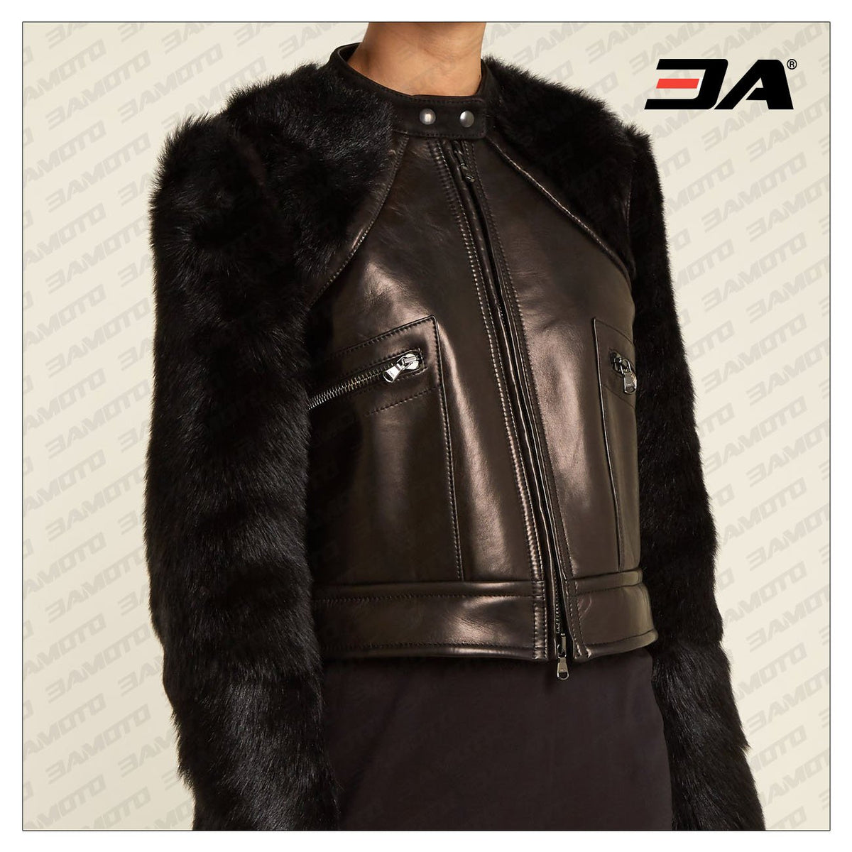 Contrast-Sleeve Leather & Shearling Biker Jacket