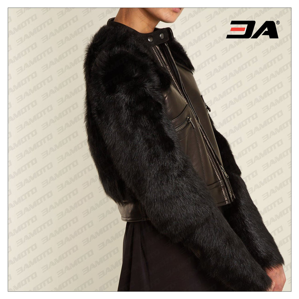 Contrast-Sleeve Leather & Shearling Biker Jacket