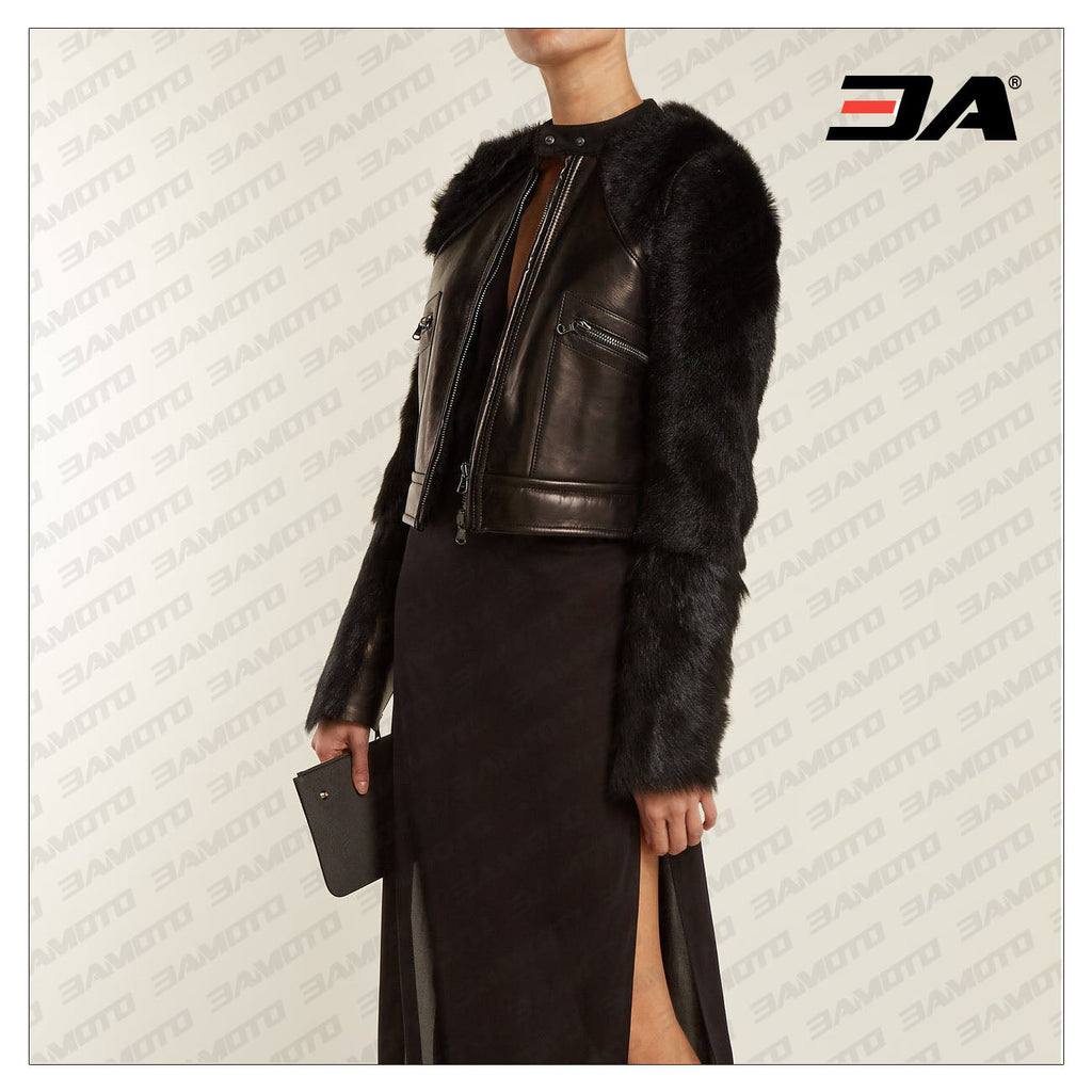 Contrast-Sleeve Leather & Shearling Biker Jacket