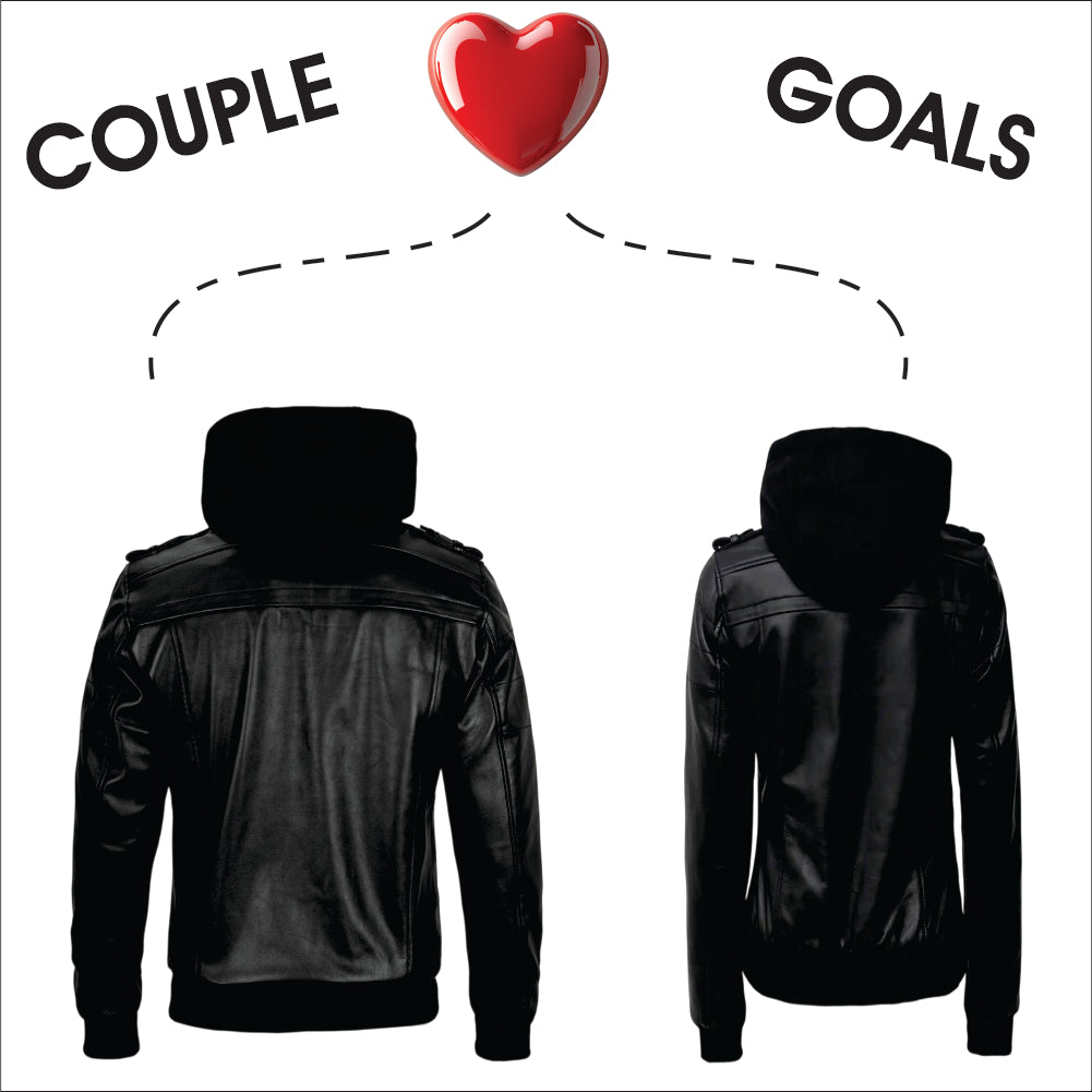 Couple Black Leather Bomber Jackets with Removable Hood – Matching Style