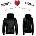 Couple Black Leather Bomber Jackets with Removable Hood – Matching Style