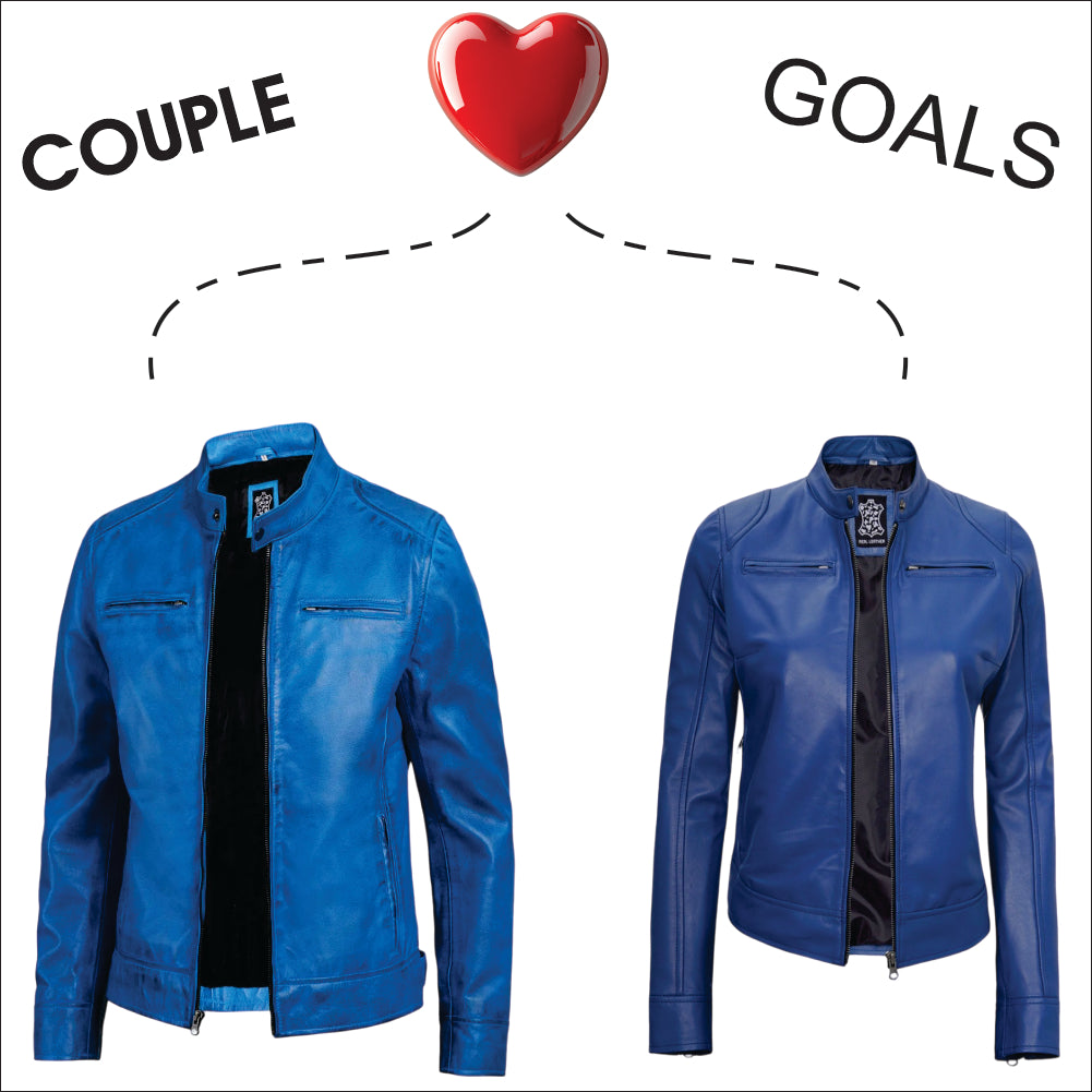 Couple’s Blue Cafe Racer Leather Jacket