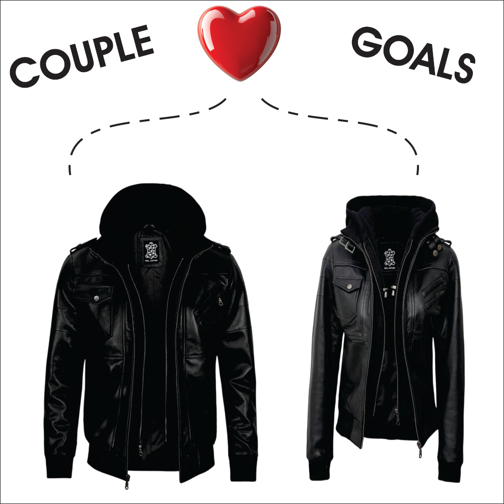 Couple Black Leather Bomber Jackets with Removable Hood – Matching Style