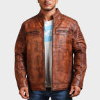 Handmade Distressed Brown Cowhide Leather Cafe Racer Jacket for Men