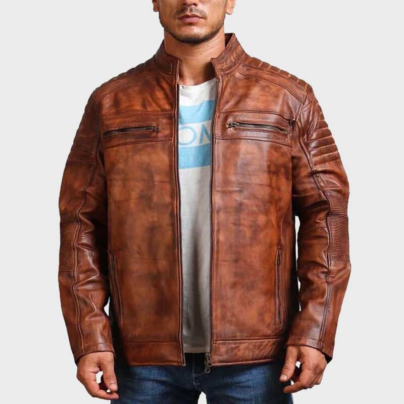 Handmade Distressed Brown Cowhide Leather Cafe Racer Jacket for Men