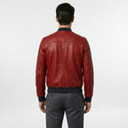 Men’s Red Lambskin Leather Bomber Jacket – Slim Fit Fashion Aviator Coat